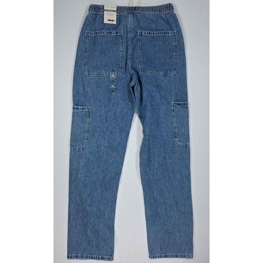 Sun + Stone Men 29 Slim Fit Denim Cargo Jeans Elastic Waist Drawstring Blue NWT - Picture 3 of 8